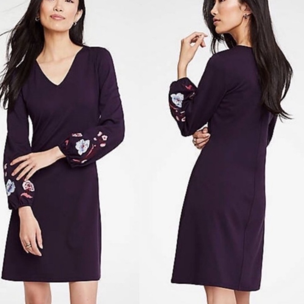 Loft purple long sleeve embroidered dress.
